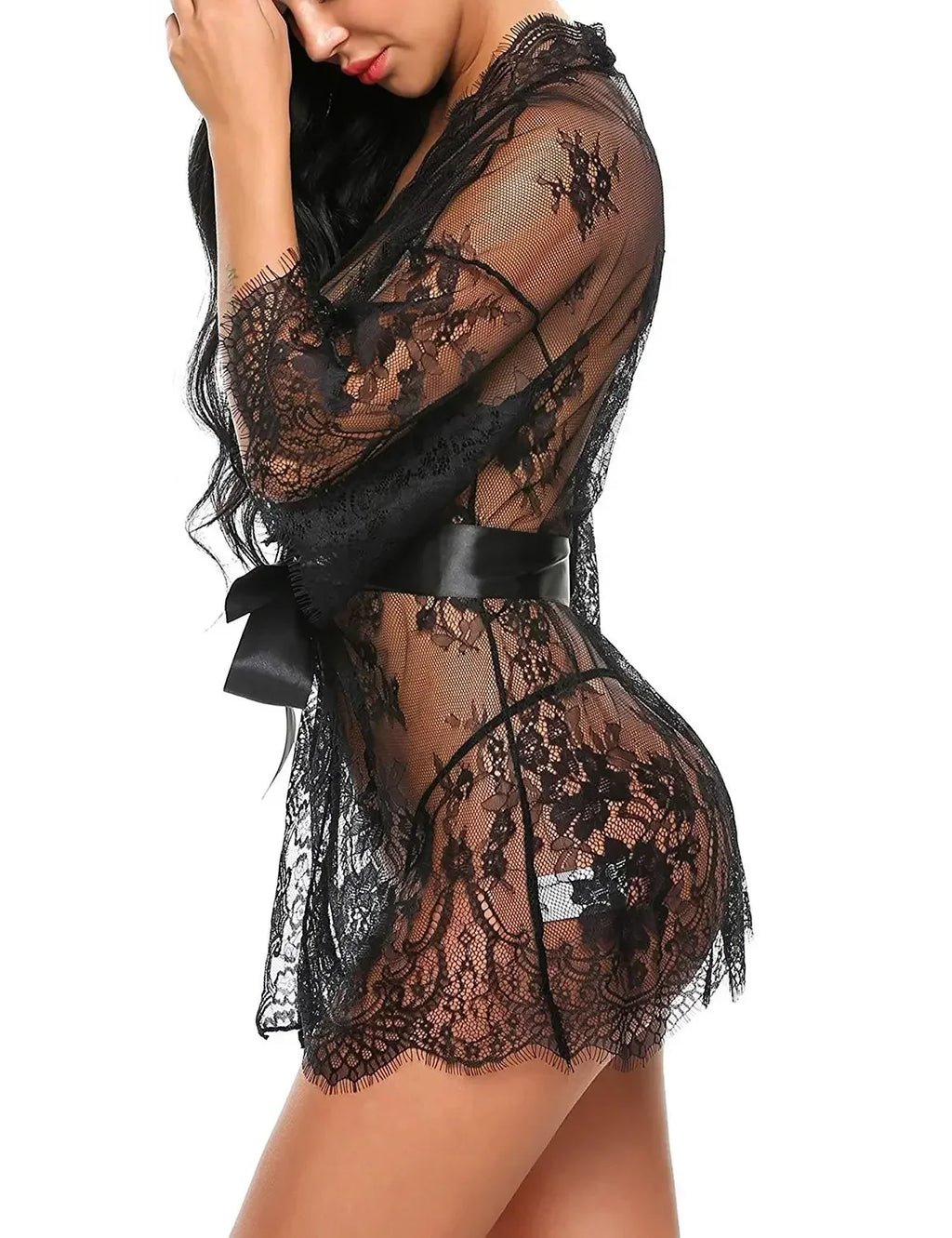 Women Sexy Lingerie Erotic Transparent V-Neck Nightwear Babydoll Robe G-string Costume Kimono Robe Lace Sleepwear Dress