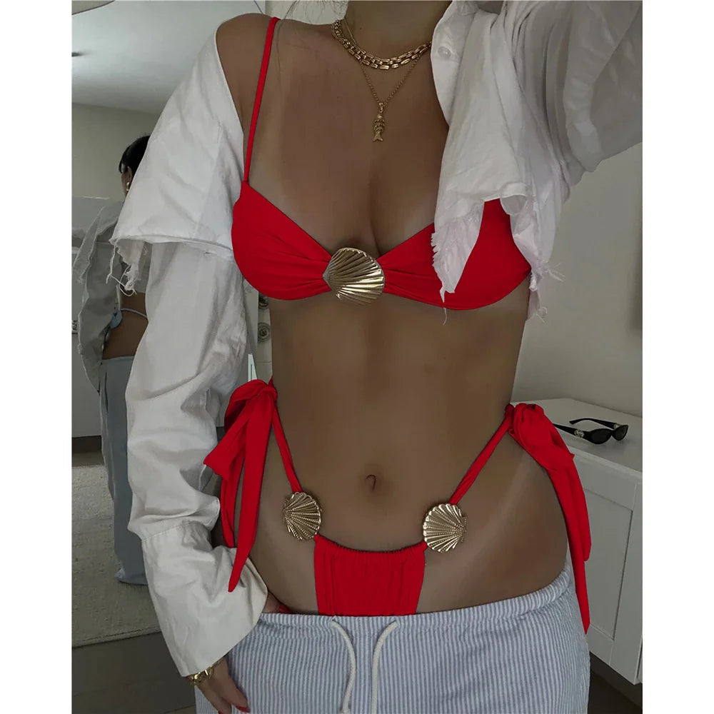 Push Up Bikinis Women Swimsuits 2025 Swimwear Sexy Shell Brazilian Bikini Set Thong Biquini Bathing Suit Solid Beachwear
