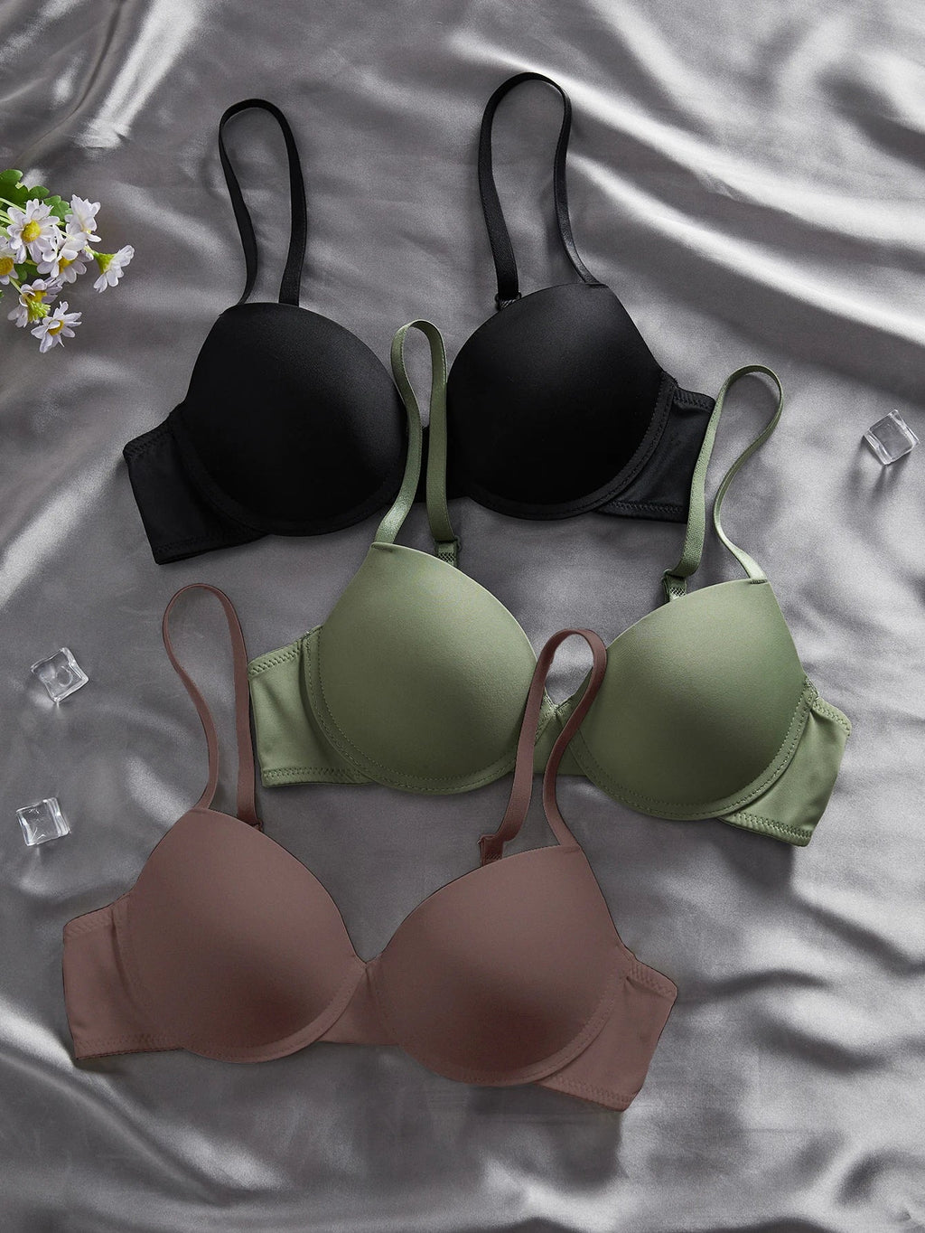 3PCS Basic Solid Women's Underwear Set Seamless Push Up Bra Comfortable Thin Strap Underwire Lingerie