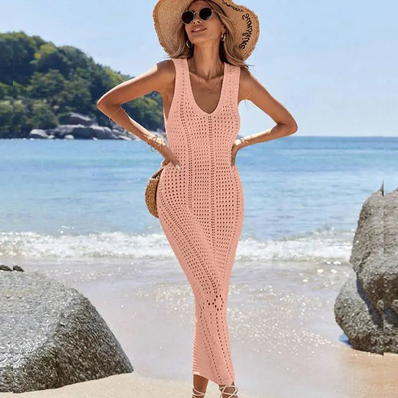S - XL 2025 V Neck Hollow Out Crochet Knitted Tunic Beach Cover Up Long Cover-ups Beach Dress Beach Wear Beachwear Female Women