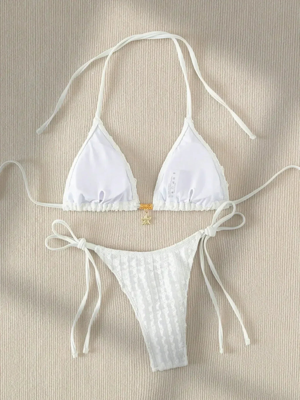 Sexy White Bikini 2025 Women Halter Lace Push Up Metal Designer Micro Swimsuit Brazilian Bathing Suit Tie Side Thong Swimwear
