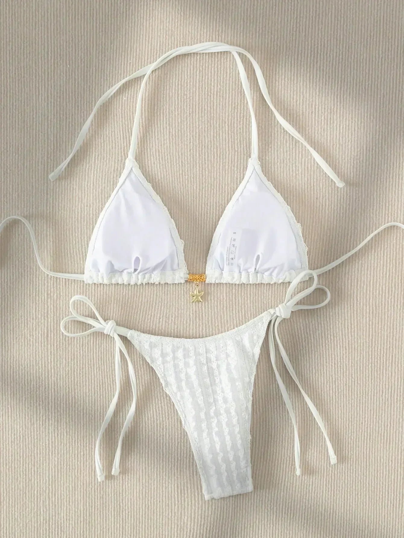 Sexy White Bikini 2025 Women Halter Lace Push Up Metal Designer Micro Swimsuit Brazilian Bathing Suit Tie Side Thong Swimwear