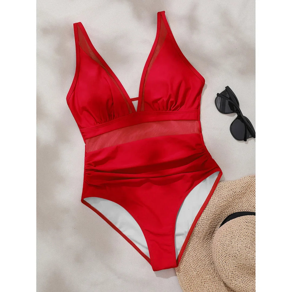 S - XL New Sexy Mesh Sheer V Neck Women Swimwear One Piece Swimsuit Female High Leg Cut Monokini Bather Bathing Suit Swim V5136