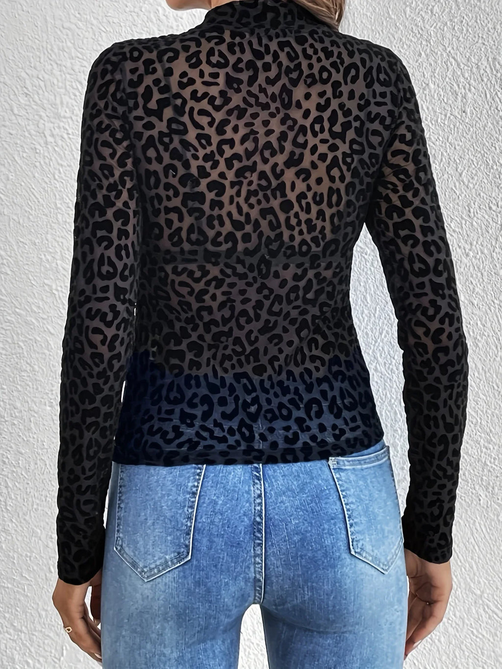 European and American sexy single-layer bra, stand-up collar, mesh bottoming top, women's leopard print inner top