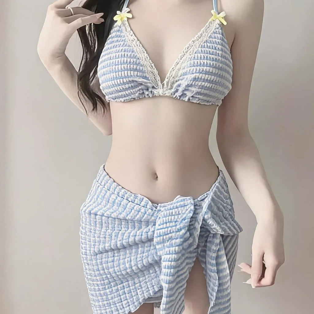 Bikini Three-Piece Set for Girls Vacation Hot Spring Soft Girl Swimwear Korean Style Pure Desire Polyester Fabric Swimsuit