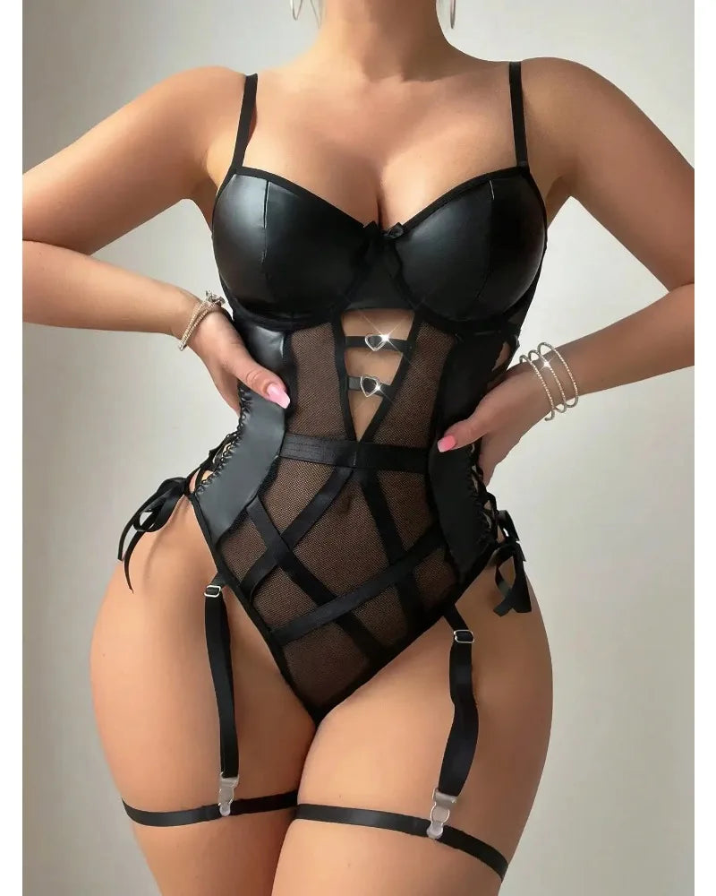 Toucheart Sexy Leather Lace Paneled See-Through Pajamas Skin Bodysuit Mesh Lace Up One Piece Sleeveless Latex Bodys Lingerie New