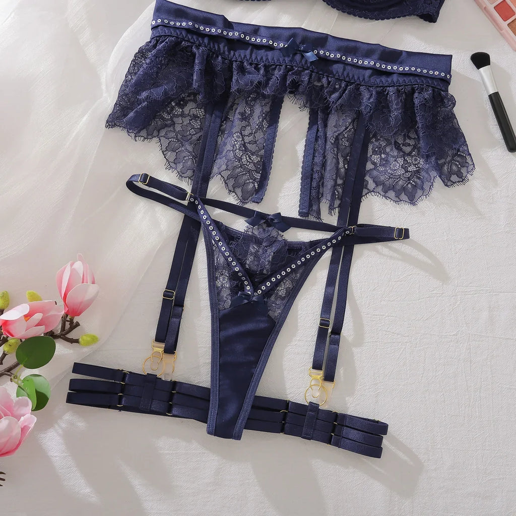 2025 Sexy Swimsuit Four Piece Set Hollow Out Mesh Lace Sheer Gathering Body Charm Bra Set Bikinis Women Bikini High Waist 5MJK