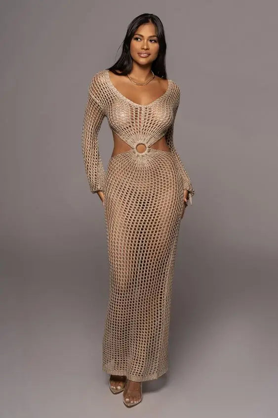 DEKA New Sexy Knit Mesh Cut Out Deep V Neck Long-sleeve Lace-up Fringe Tunic Summer Women Swimsuit Cover-ups Beach Maxi Dress