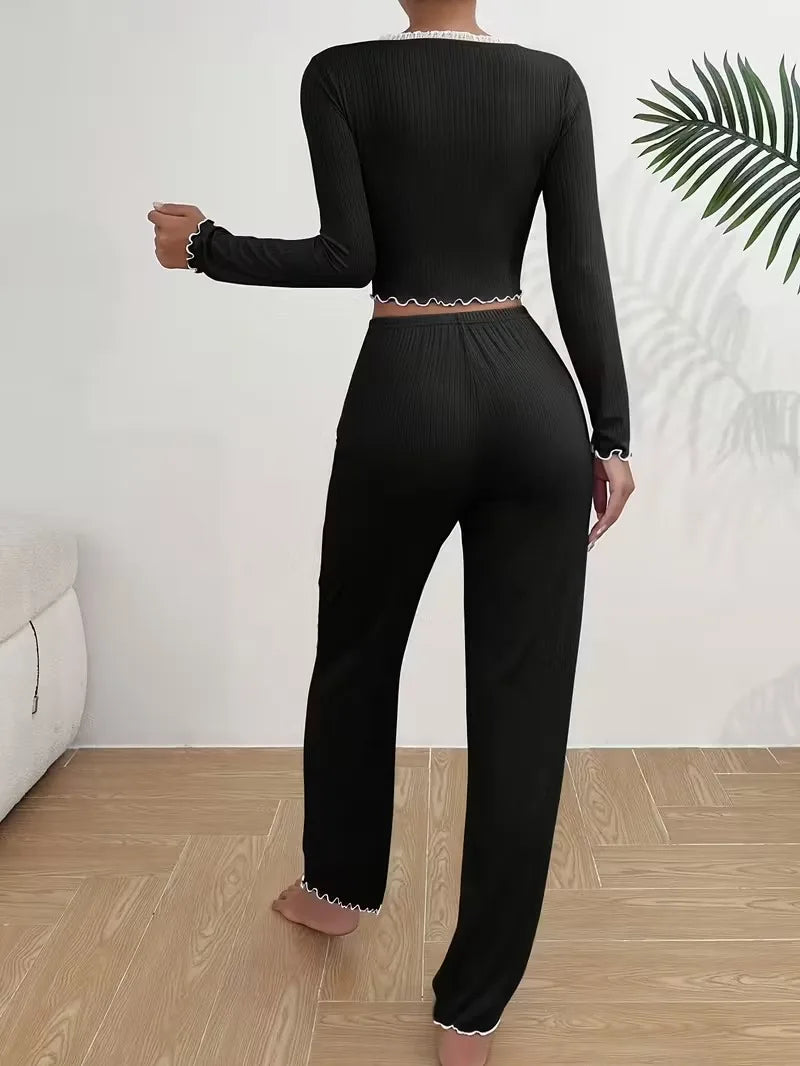 Women Autumn Winter Sleepwear Blue Lace Long Sleeves T-shirt Tops and Trousers 2 Pieces Pajamas Set Loungewear Home Suit