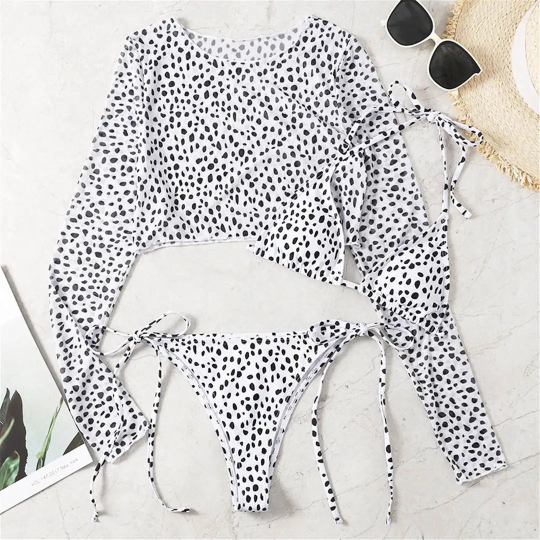 S- XXL Leopard Printed Long Sleeve Bikini Women Swimwear Female Swimsuit Three-piece Bikini set Bather Bathing Suit Swim V3193SW