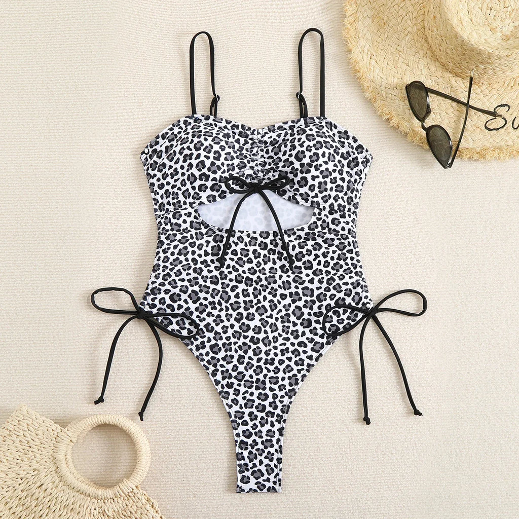 2026 Srappy Swimsuit One Piece Leopard Drawstring Swimwear Women Bathers Bathing Swimming Swim Suit Padded Beachwear Summer