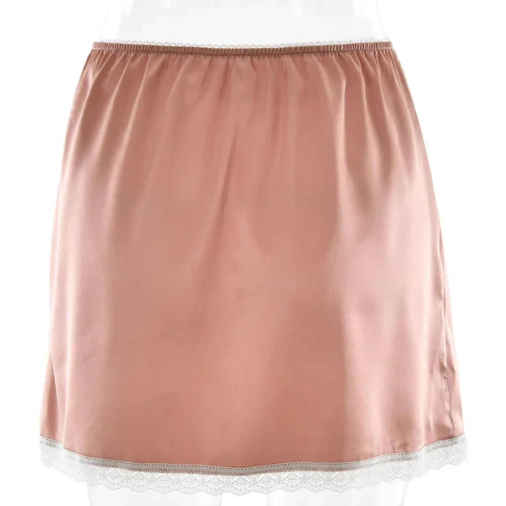 FDYOUI 2026 Summer Bowknot Lace Patchwork Satin Skirts for Women Casual Girls Clothes Sexy High Waist Short Skirt Y2K Streetwear