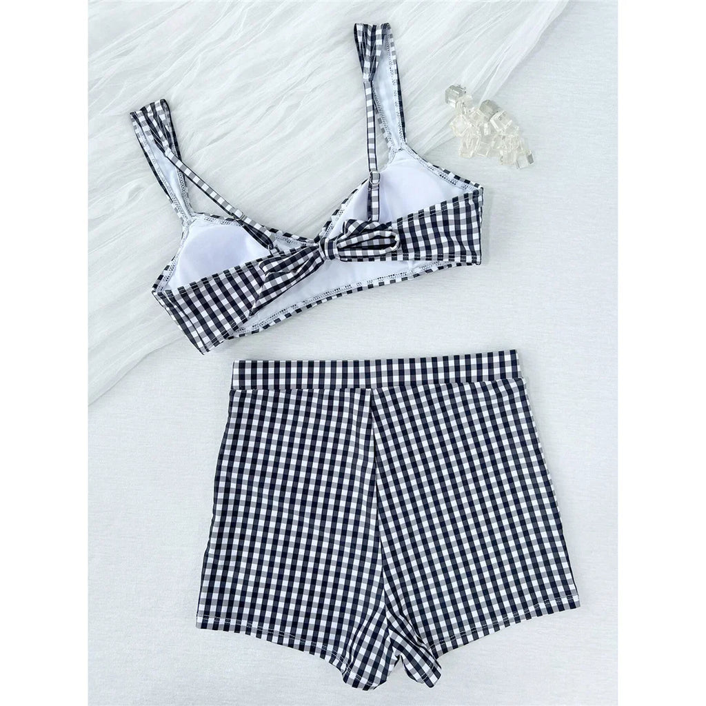 Plaid V Neck Shorts Female Swimsuit High Waist Bikini Women Swimwear Two-Pieces Bikini Set Padded Bather Bathing Suit Swim V8272
