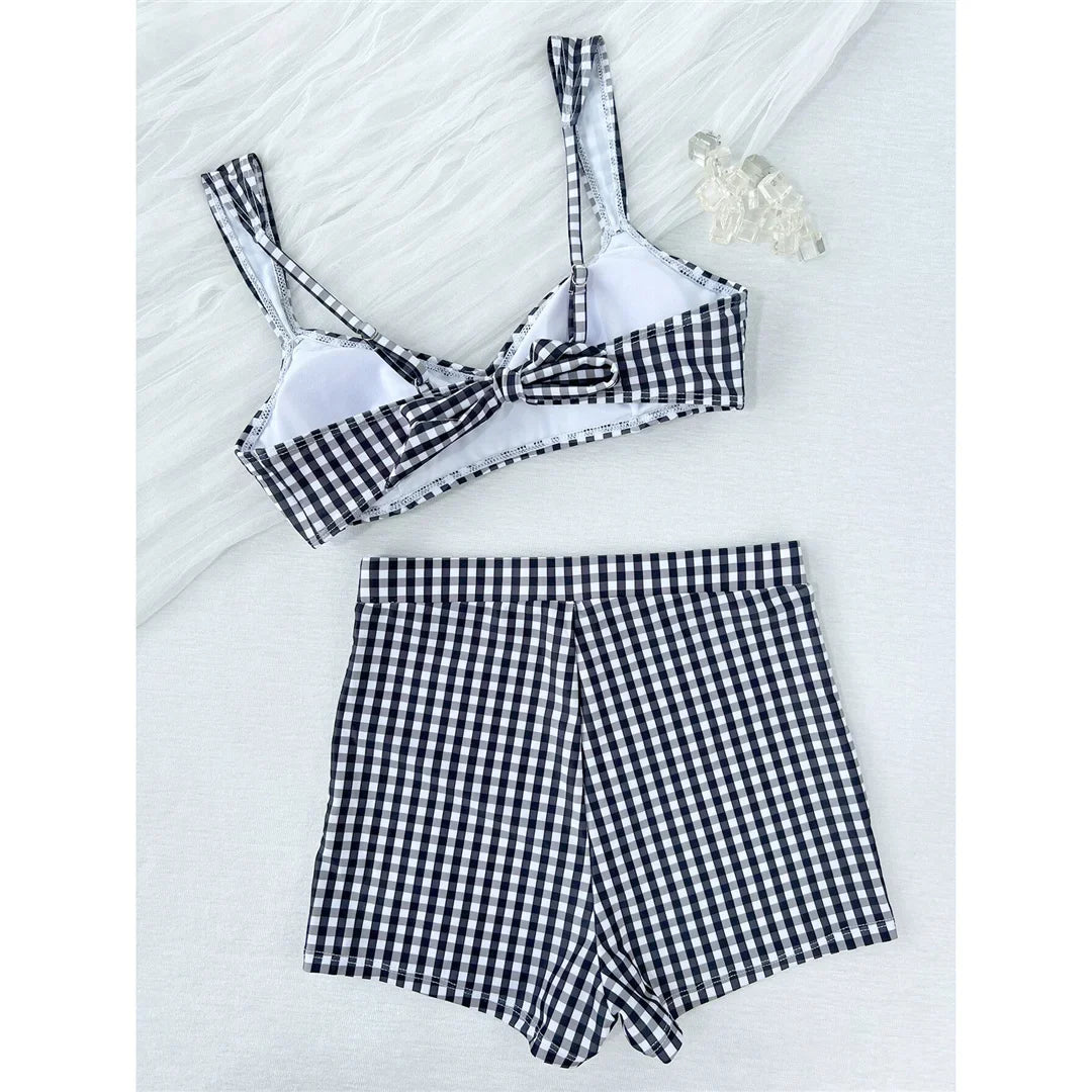 Plaid V Neck Shorts Female Swimsuit High Waist Bikini Women Swimwear Two-Pieces Bikini Set Padded Bather Bathing Suit Swim V8272