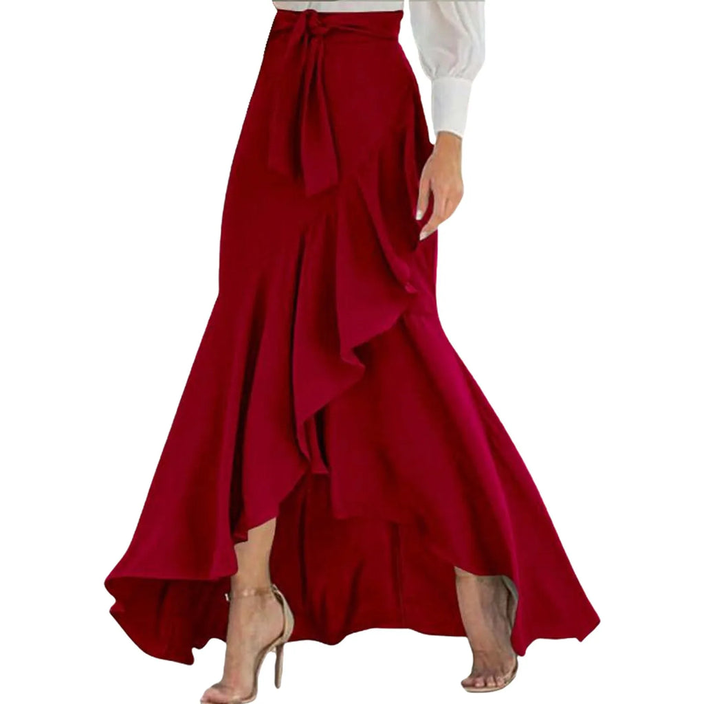 Irregular Ruffle Hem Sexy Skirt For Women Elegant Summer Wrapped Hip Fishtail Skirt High Waistband Solid Color Flowy Skirt