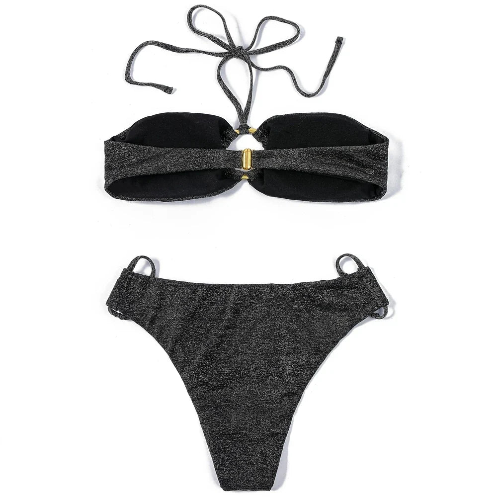 ZTVitality Shiny Black Women Swimsuit Sexy Bikini 2022 New Arrival Halter Padded Bandage Ring Beach Swimwear Brazilian Biquini
