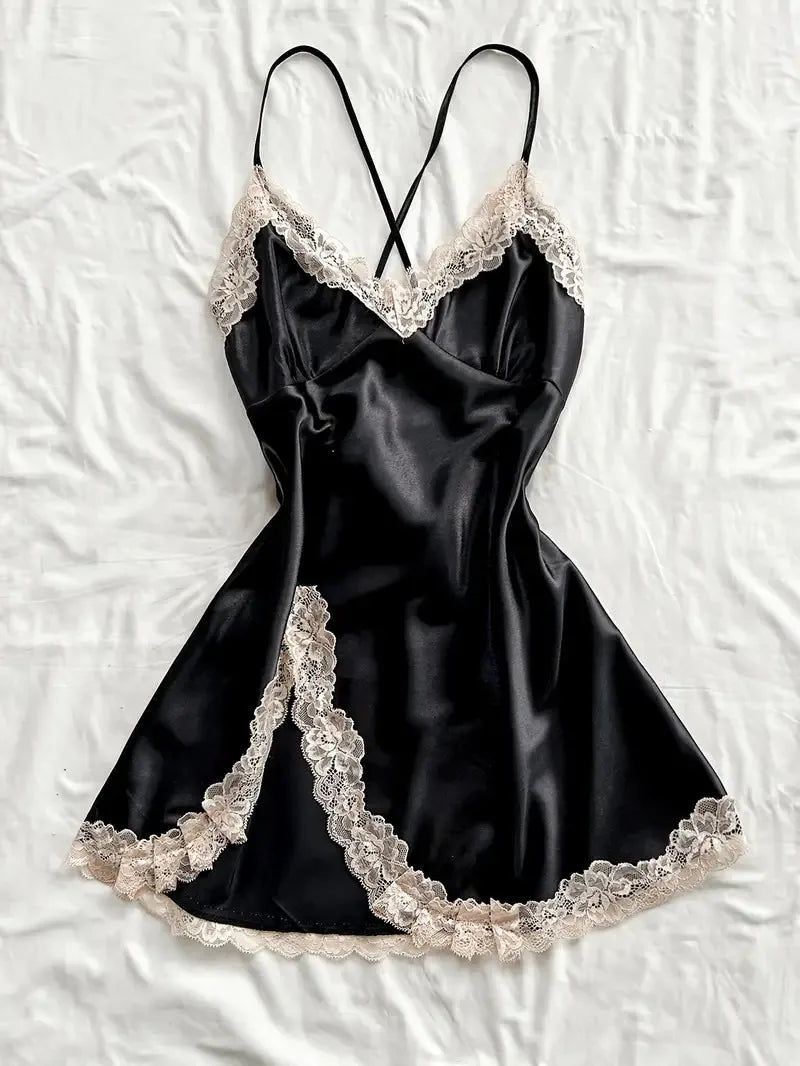 V-neck Lace Camisole Nightgown Hot Backless Sexy Women Sleepwear Short Silk Sleep Shirts Elegant Pajamas Lingerie Night Dress