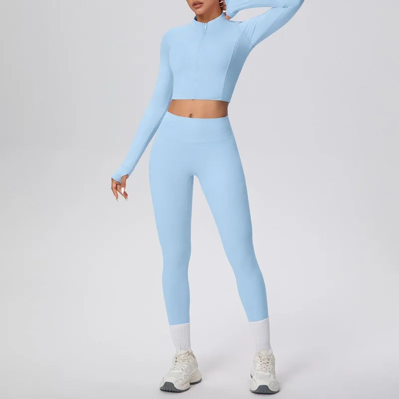 New Women Yoga Set Solid Color Double-Sided Brushed Bare Feel Short Long-Sleeve Jacket Tight Pants Running Fitness 2-Piece Set