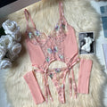 Toucheart Sexy Lingerie Embroidery Printing Bra Garters Set For Women Mesh See- Through Hollow Out Exotic Sexy Underwear Suit