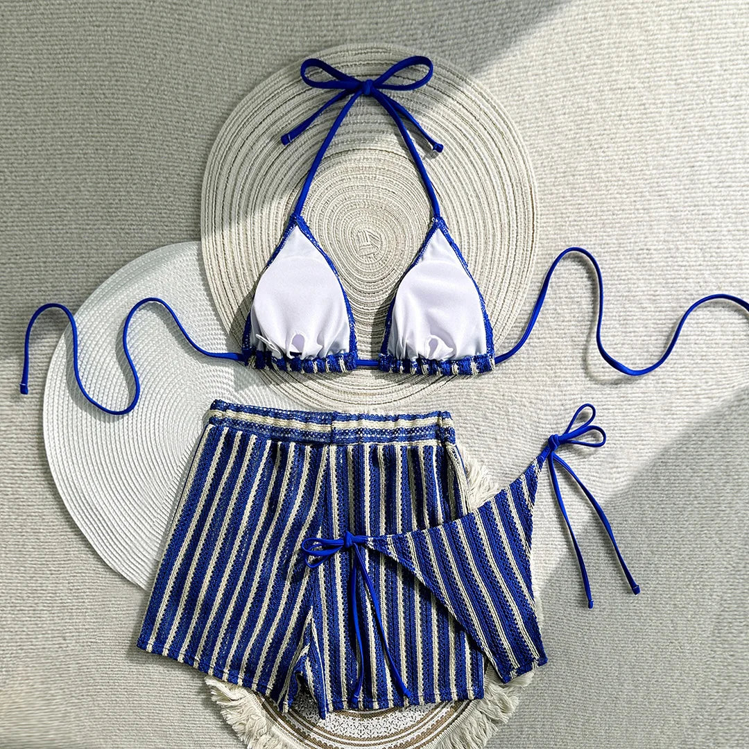 With Shorts Striped Halter Bikini Female Swimsuit Women Swimwear Three-Pieces Bikini Set Padded Bather Bathing Suit Swim V7159