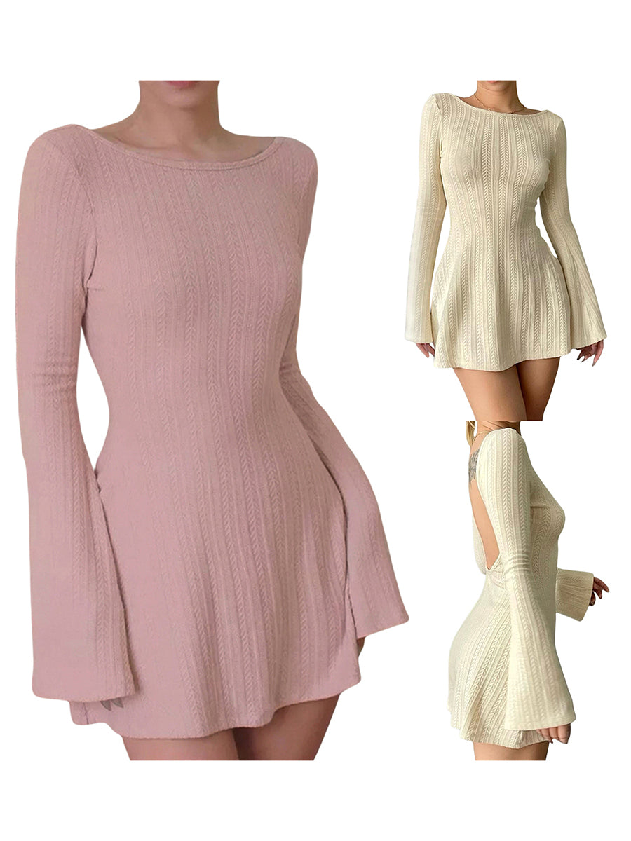 Women Spring Autumn Mini Dress Long Sleeve Crew Neck Backless Solid Color A-line Dress for Party Club