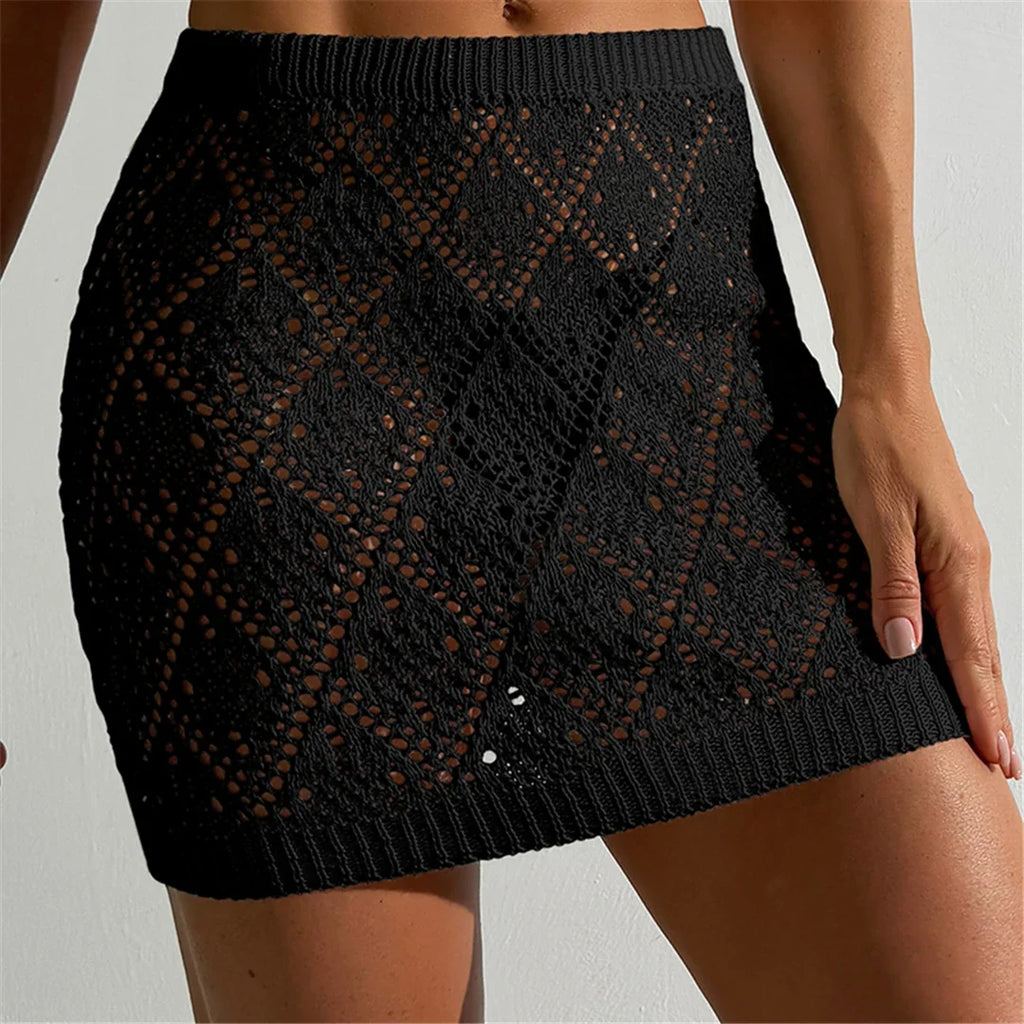 Sexy Hollow Out Crochet Knitted Tunic Beach Cover Up Cover-ups Beach Dress Beach Wear Beachwear Mini Skirt Female Women K6587
