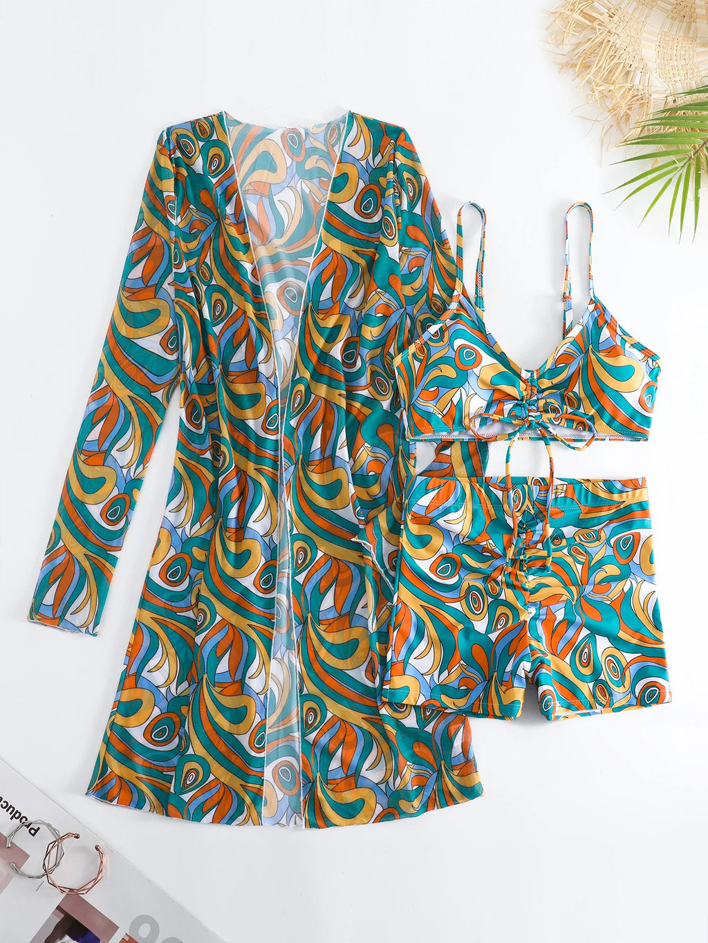 New Sexy 3 Pieces Suit for Women Neck Hanging Bikini Set+Cover-up Swimwear Sunproof Tankini High Waist Shorts Swimsuit Beachwear