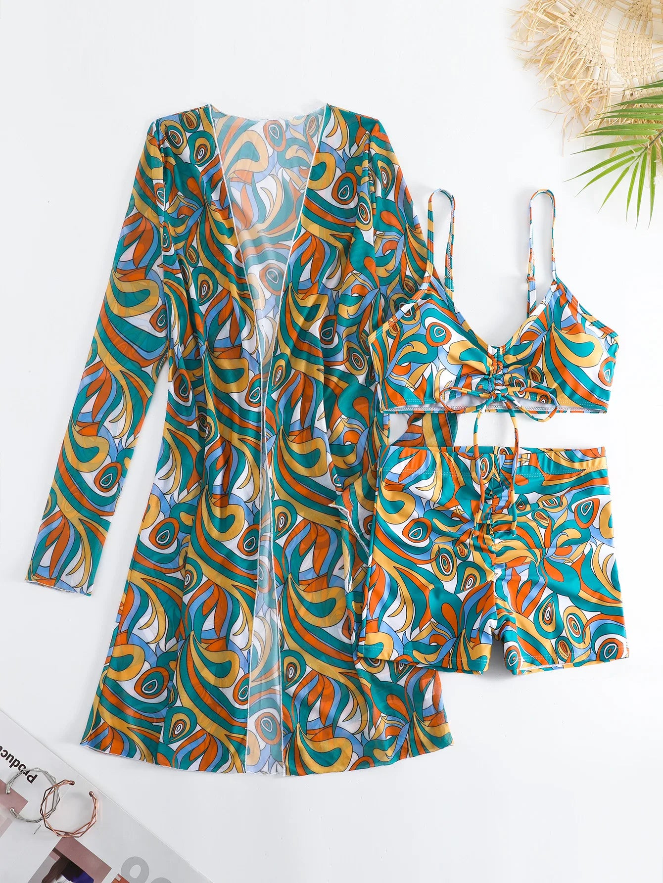New Sexy 3 Pieces Suit for Women Neck Hanging Bikini Set+Cover-up Swimwear Sunproof Tankini High Waist Shorts Swimsuit Beachwear