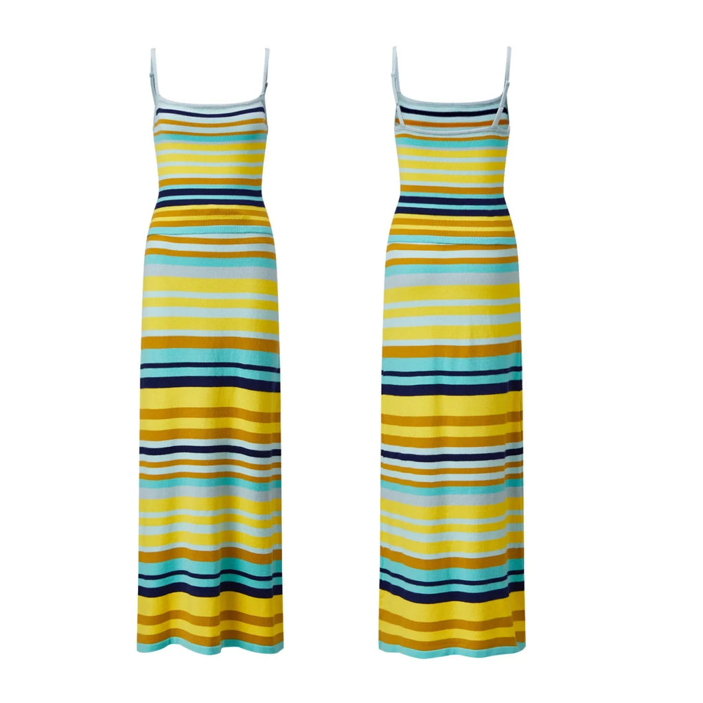 Women’s Bohemian Style Striped Two Piece Outfits Spaghetti Strap Tank Tops and Long Skirt Sets Summer Beach Street Wear