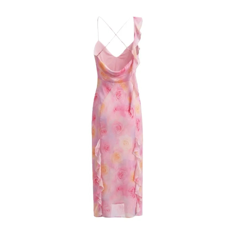 Deep V-neck Strap Dress Sexy Ruffled Long Dress Womens Pink Rose Print Strap Dress Ruffle Sleeveless Summer Beach Dress GO0Y