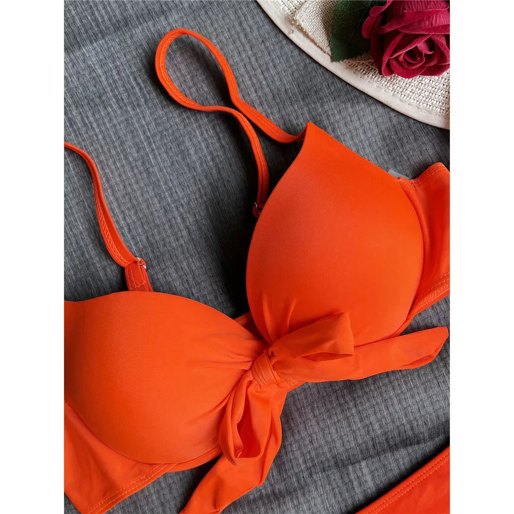 XS - XL Knotted Push Up Bikini Swimsuit Female Swimwear Women Two-pieces Bikini Set With Bra Cup Bather Bathing Suit Swim V3992