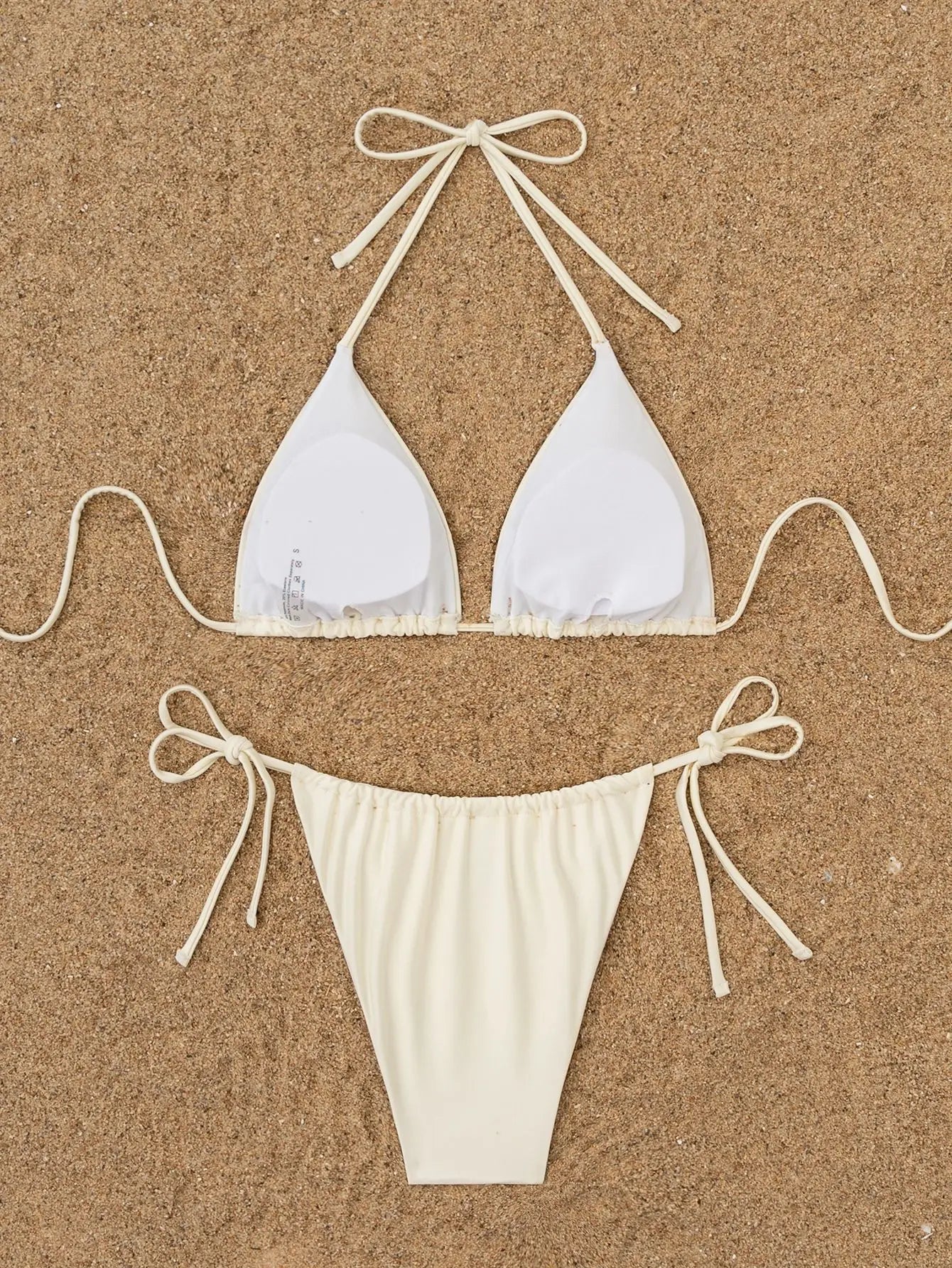 Sexy Beige 3D Pearls Coconut Tree Bikini Set 2025 Women Halter Push Up Pleate Thong Swimsuit Beach Bathing Suit Micro Swimwear