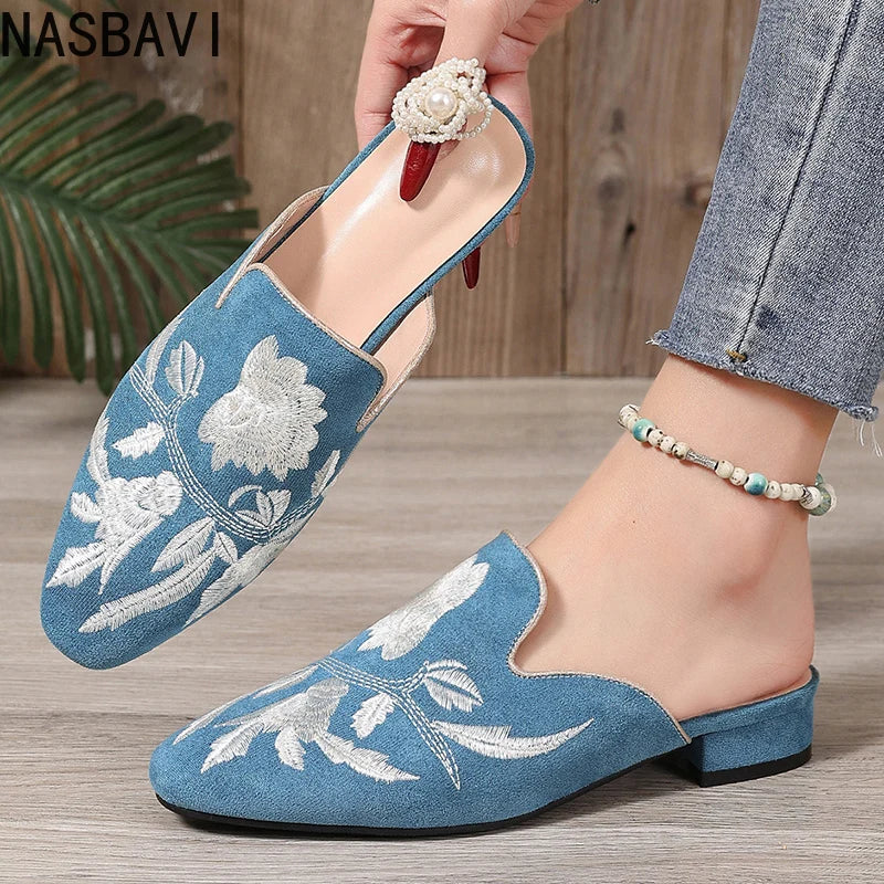NASBAVI Fashion 3d Embroidery Mules Women Fur Slippers Velvet Shoes Ladies Low Heel Flower Decoration Sandals Women's Flip Flops