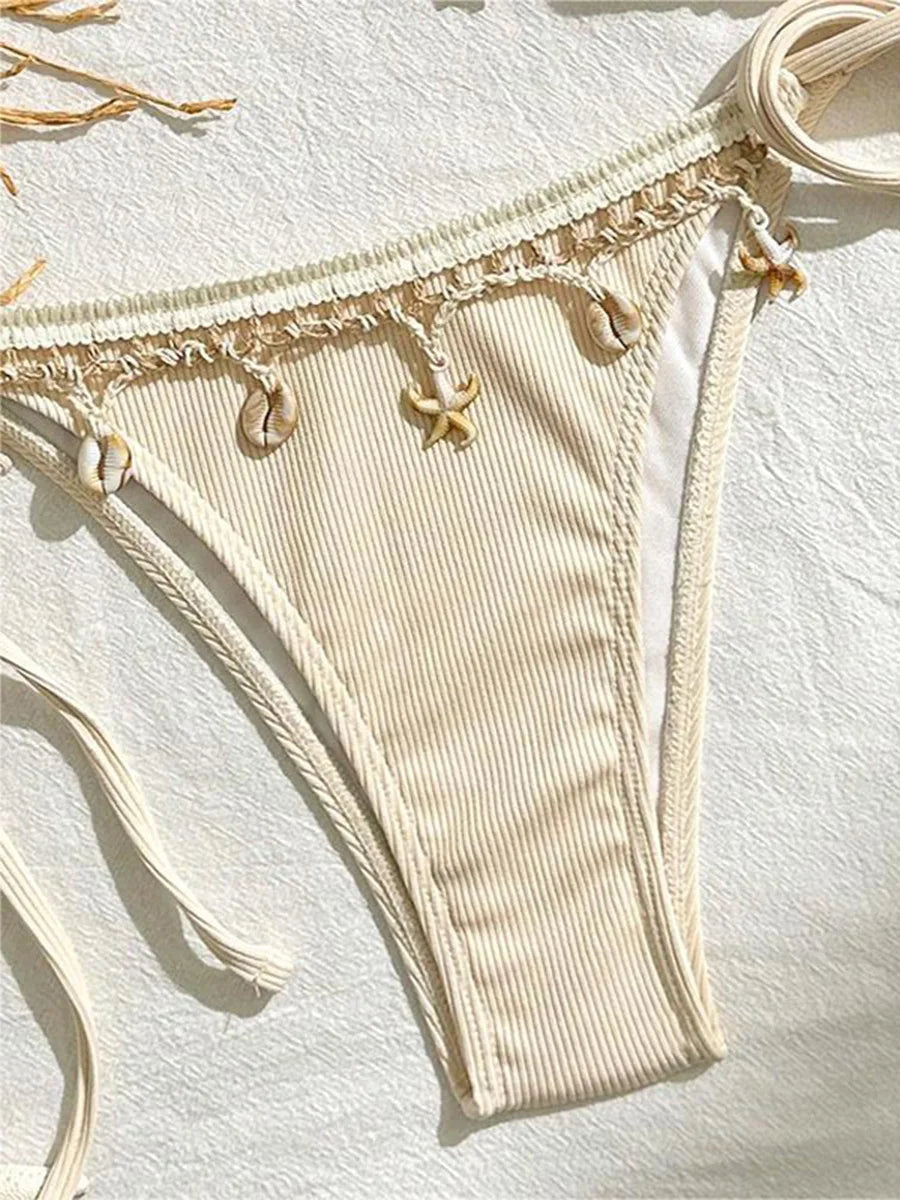 Shell Decoration Ribbed Halter Strappy Bikini Women Swimwear Female Swimsuit Two-pieces Bikini Set Bather Bathing Suit Swim Lady