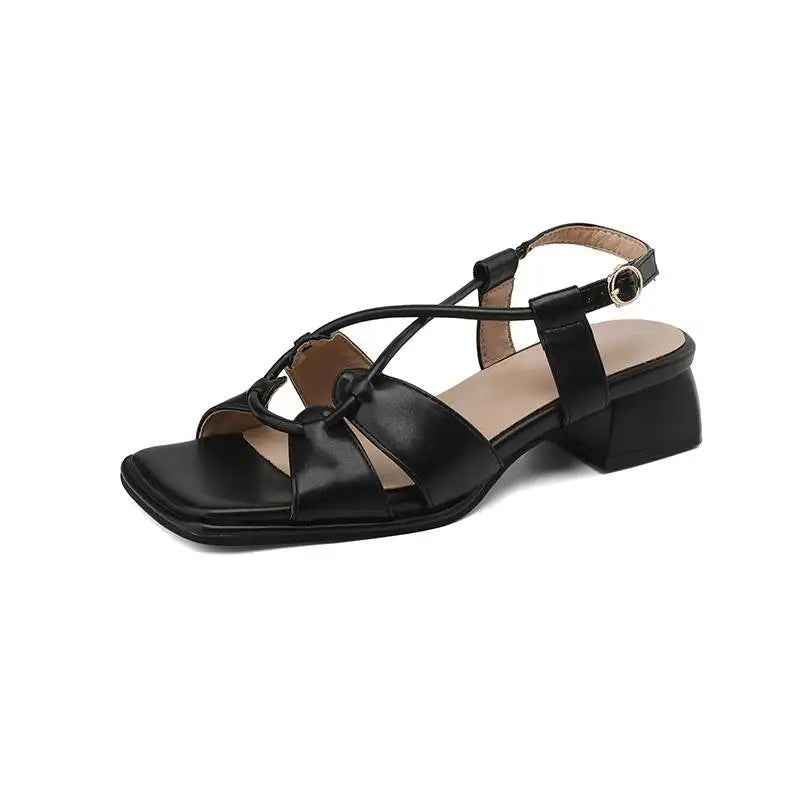 Summer New Model Fashion Middle Heeled Women's Sandals Black Buckle Open-toe Comfortable Hollow-out Women's Shoes High 3.5cm