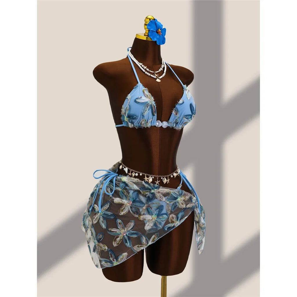 With Sarong Flower Printed Halter Bikini Female Swimsuit Women Swimwear Three-pieces Bikini set Bather Bathing Suit Swim V8321