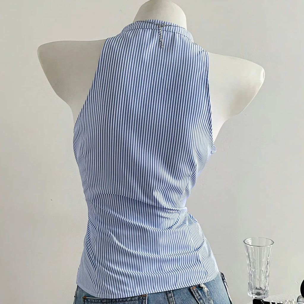 Summer Casual Shirt Women's Blue Striped Halter Top V Neck Button Down Sleeveless Slim Fit Blouse 2026 Y2K Style Streetwear