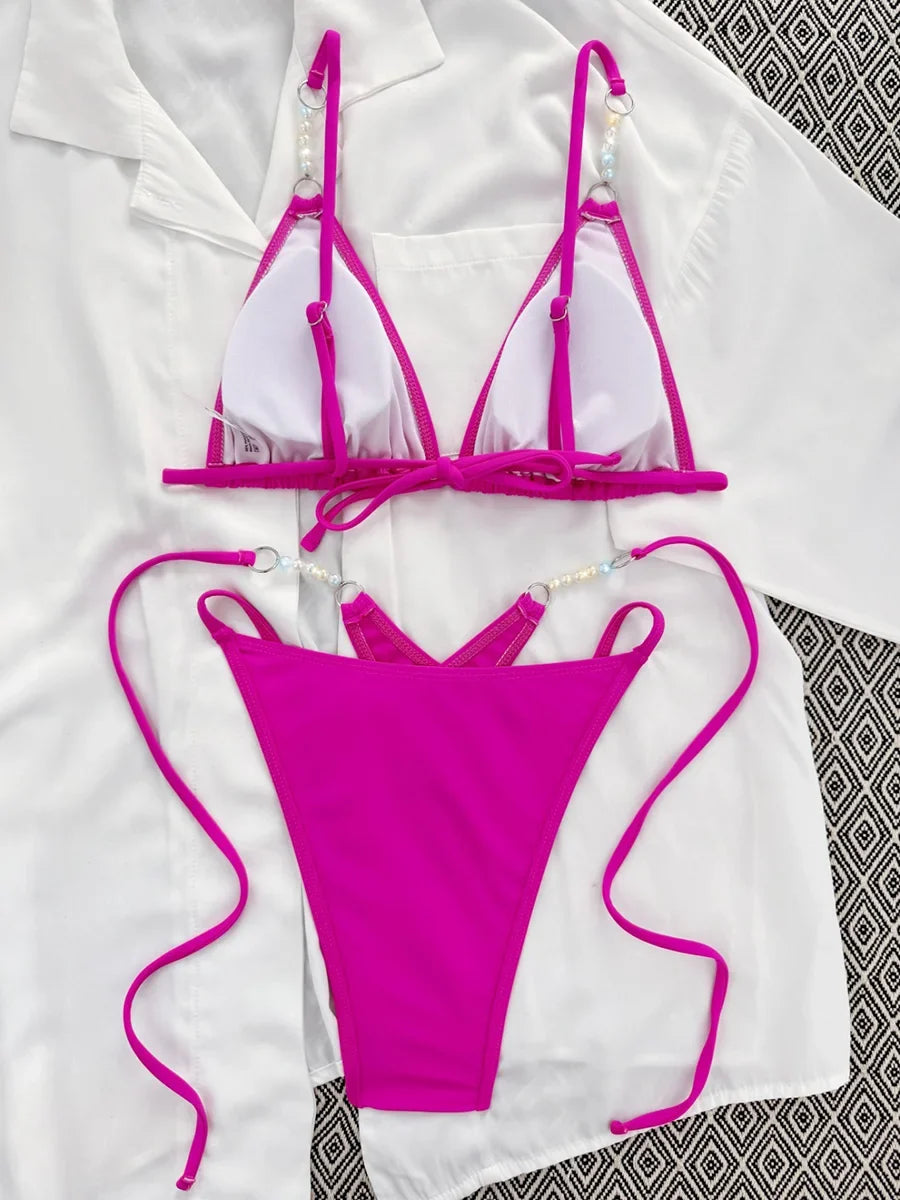 Sexy Halter Pearls High Cut Bikini Women Swimsuit Female Swimwear Two-pieces Bikini Set Lady Bather Bathing Suit Swim Beach Wear