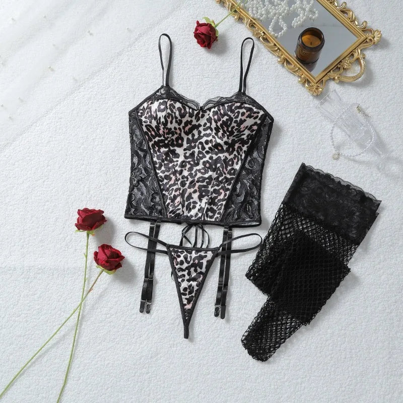 Toucheart Erotic Lingerie Hot Girl Sexy Leopard Print Suspender See-through Lace Waist Shaping Luxurious Hot Underwear Split Set