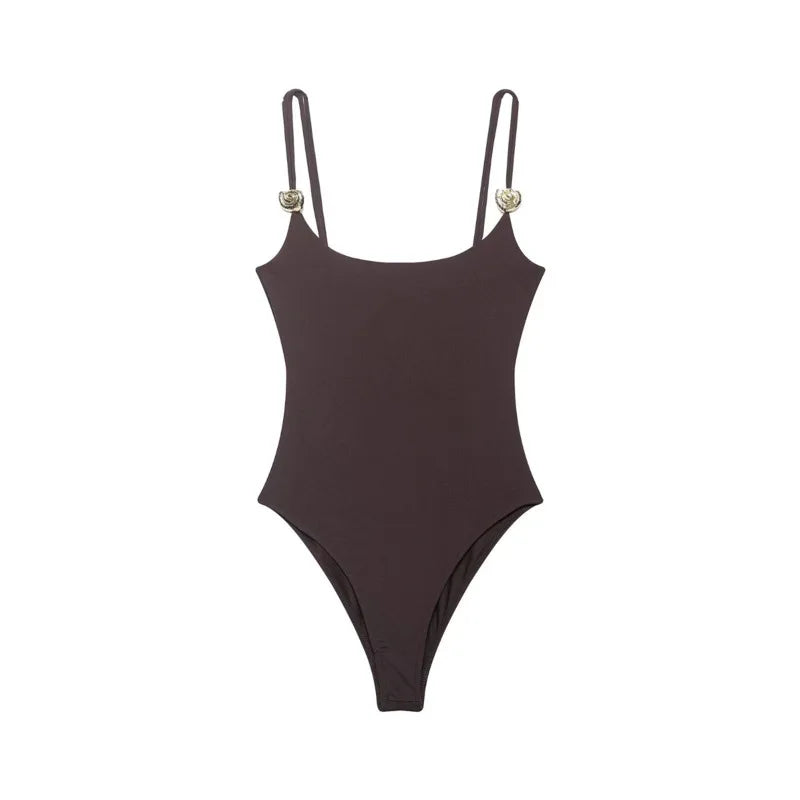 Black And Brown Spaghetti Strap Bodysuits With Rose Gold Button Decor Elegant Slim Fit Shapewear For Women Nightclub Wear 4UMT