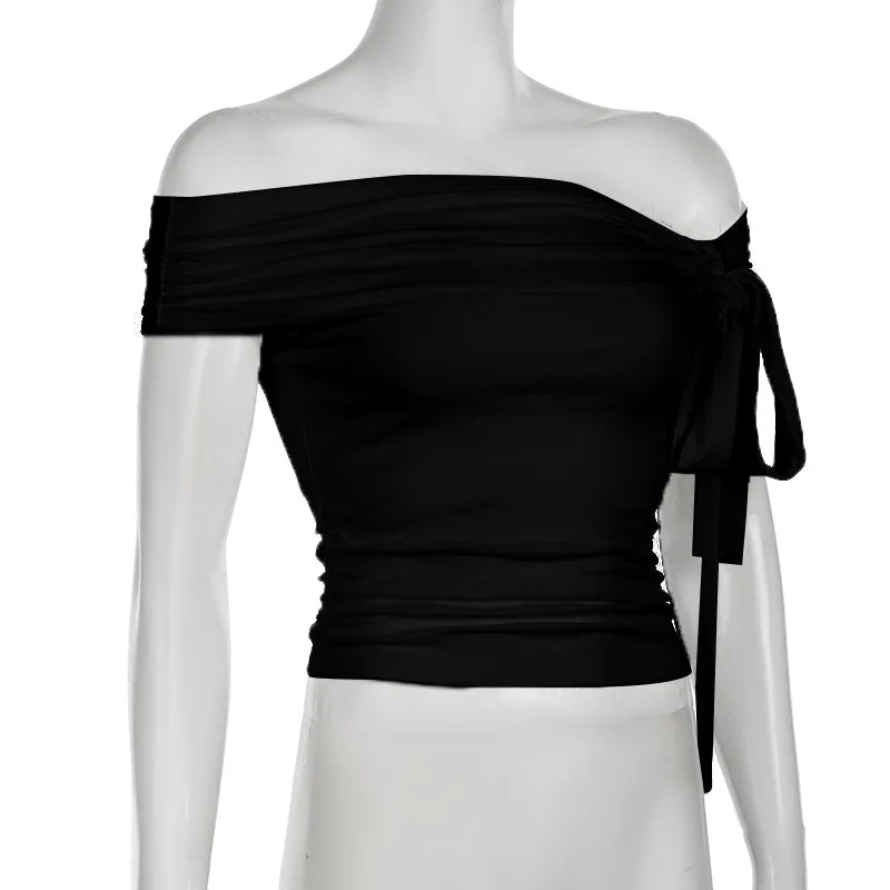 Korean Style Solid Color Women's Top Casual Slash neck Crop Top Fahionable Slim Fit White Tee Lady Summer Night Out Dress up