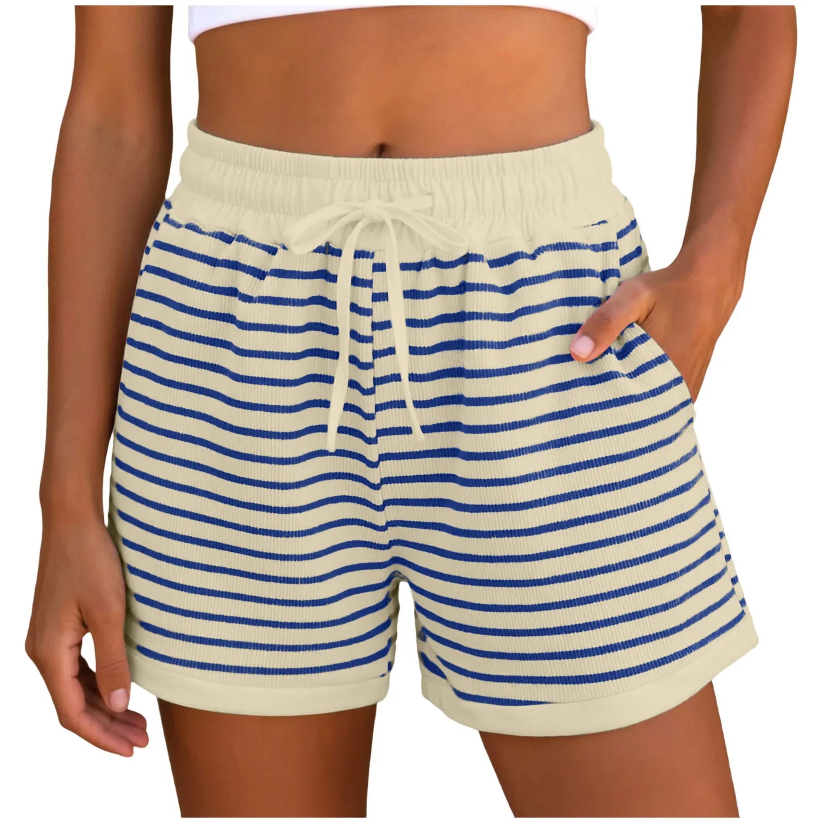 Y2k Cute Contrast Color Elastic High Waist Striped Shorts Women Drawstring Summer Shorts With Pockets Loose Fit Ribbed Shorts
