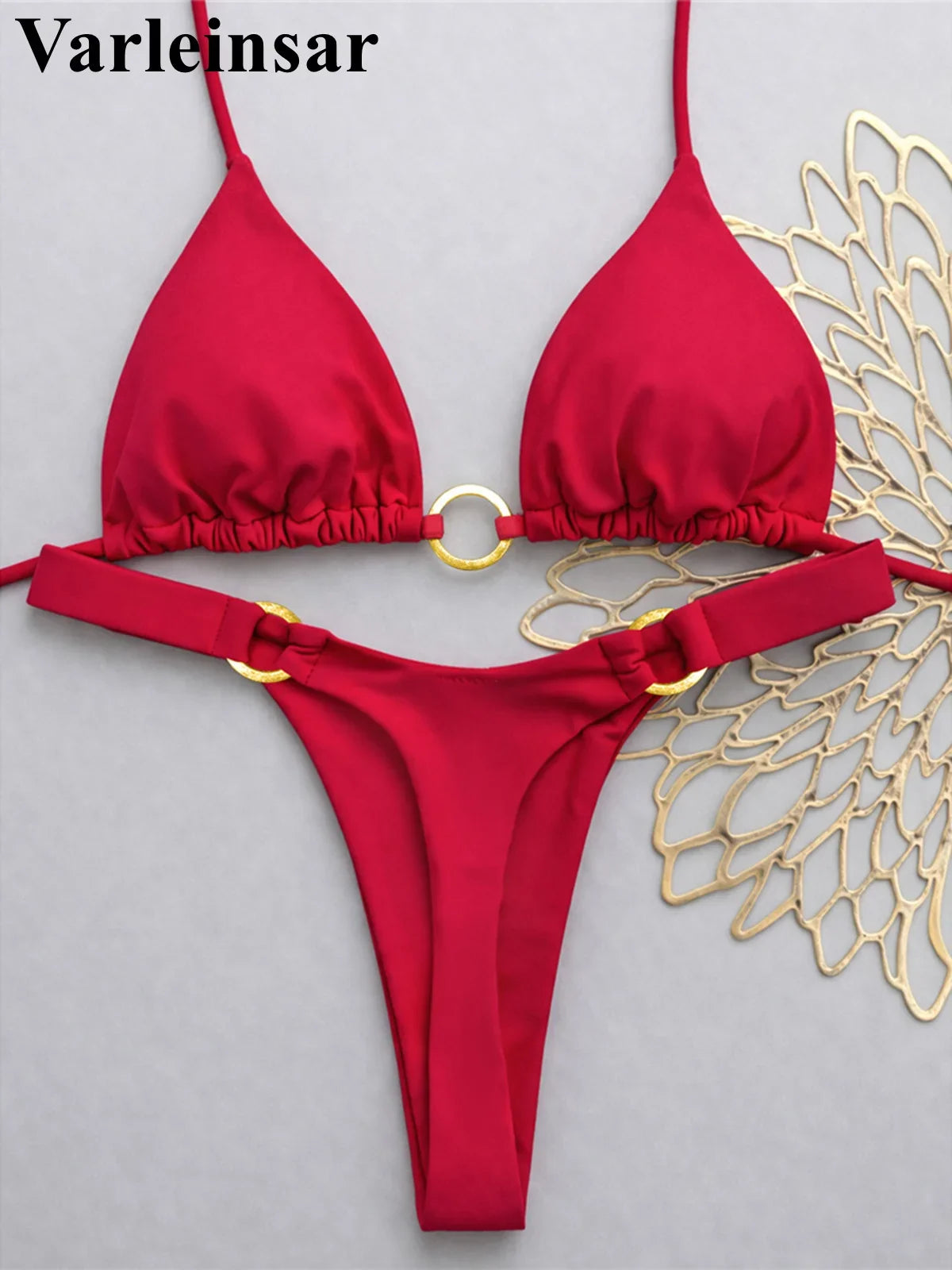 XS - L Halter Metal Ring Mini Thong Bikini Female Swimsuit Women Swimwear Two-Pieces Bikini Set Bather Bathing Suit Swim V8107