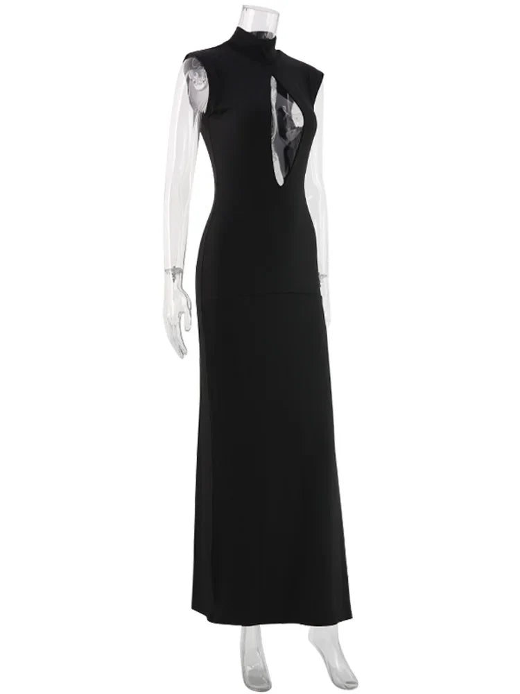Ahagaga Fashion Sexy Women's Maxi Dresses Turtleneck Short Sleeves Hollow Out Lace Patchwork Sheath Split Party Solid Vestidos