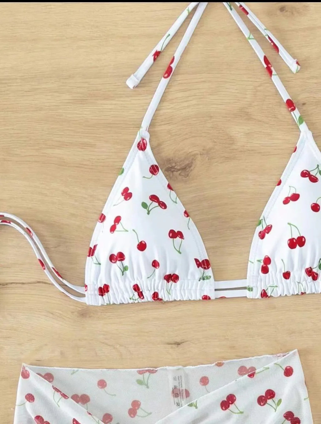 Women French Chic Cherry Print Bikini Sets Three Pieces with Mesh Skirt Swimsuit Swimwear Bathing Suit Beach Outfits Biquini