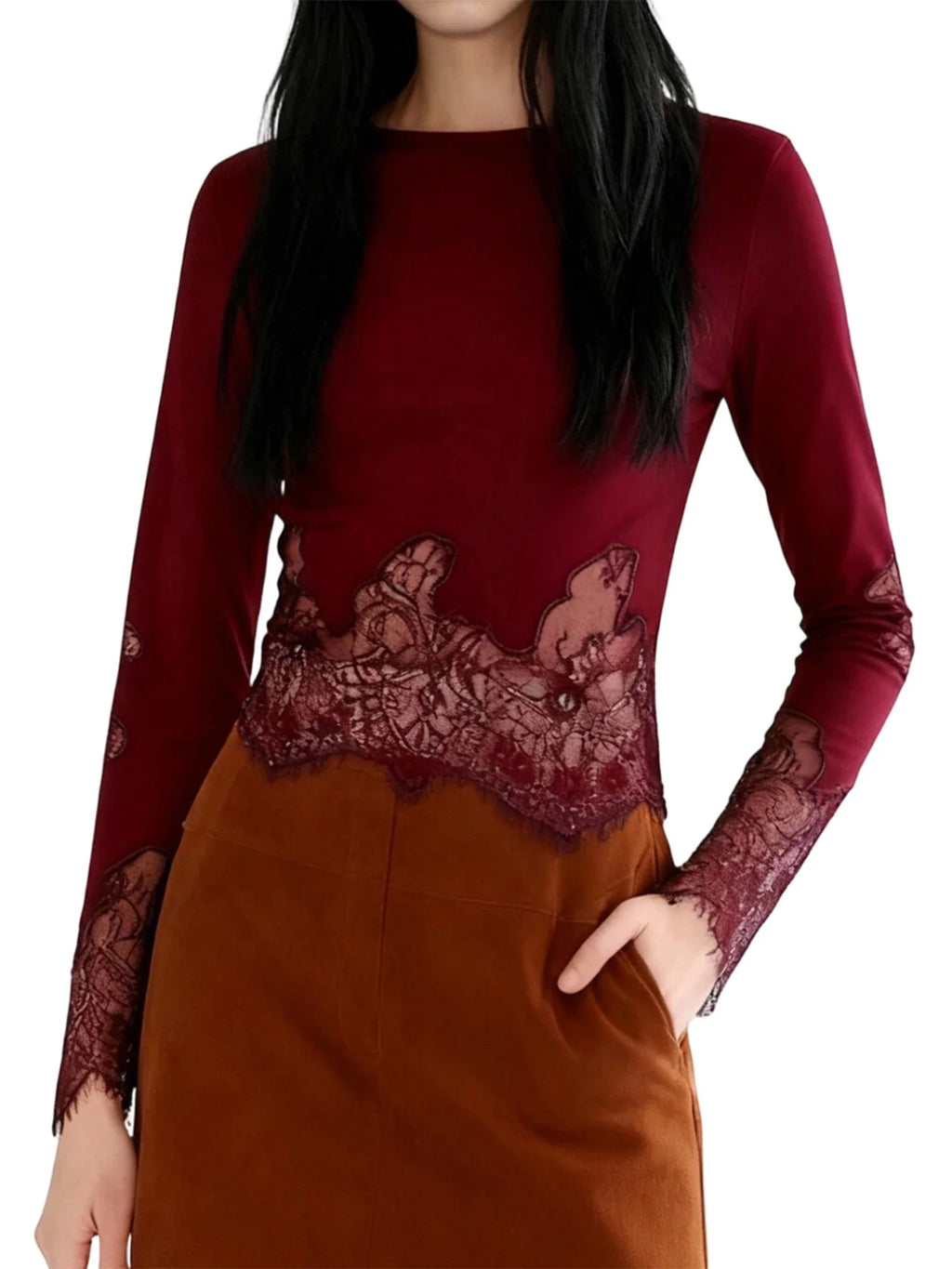 Women's Spring Summer Round Neck Tops Solid Color Long Sleeve Slim Fit Party Lace Patchwork T-shirts