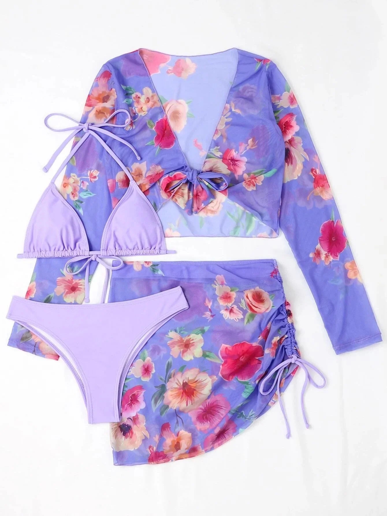 2026 Summer Women's 4 Pieces Suit Swimwear Neck Lace-up Bikini Set+crop Top+skirts Floral Print Gauze Swimsuit Beachwear Biquini