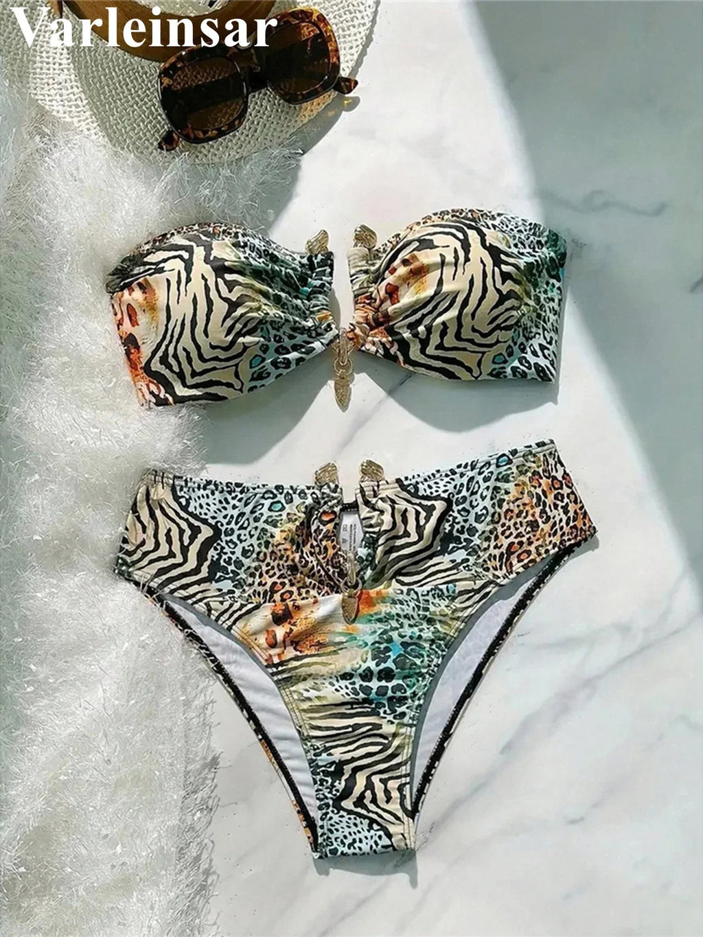 S - XL Sexy Leopard Printed Bandeau Bikini Female Swimsuit Women Swimwear Two-Pieces Bikini Set Bather Bathing Suit Swim V7541