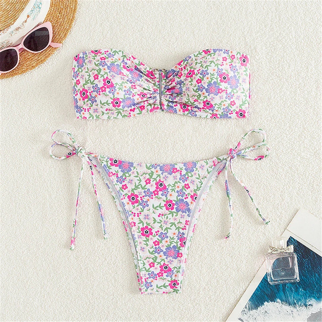 XS - L Flowers Printed Floral Bandeau Bikini Female Swimsuit Women Swimwear Two-Pieces Bikini Set Bather Bathing Suit Swim V5453