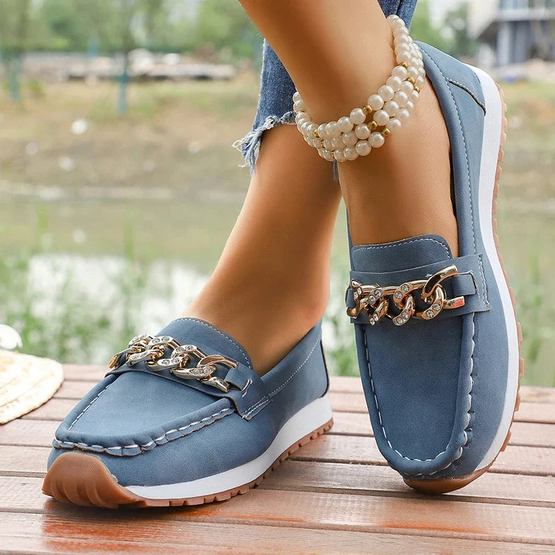 Fashion Metal Chain Soft Sole Flats Shoes Women Spring Autumn Pu Leather Platform Loafers Woman Slip On Non Slip Casual Shoes